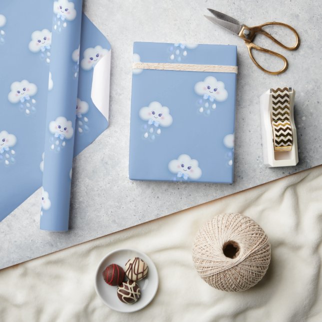 Fluffe weiße Wolke neunblaue Babydusche Geschenkpapier (Kunsthandwerk)