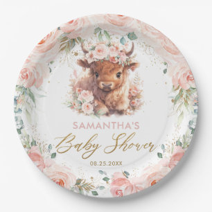 Fluffige Highland-Kuh Rosa Blumen-Baby-Party Pappteller