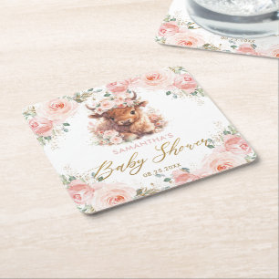 Fluffige Highland-Kuh Rosa Blumen-Baby-Party Rechteckiger Pappuntersetzer