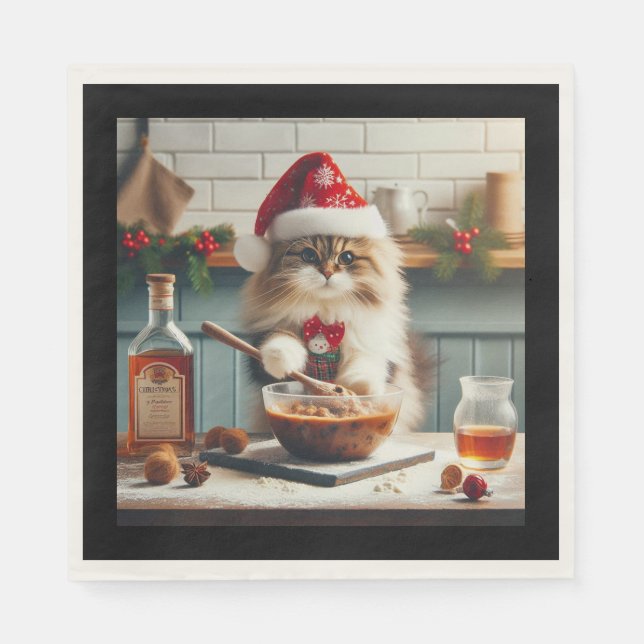 Fluffige Katze backt boozy Weihnachtspudding  Serviette (Vorderseite)