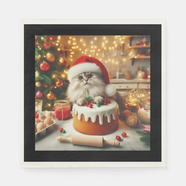 Fluffige Katze backt den Weihnachtskuchen  Serviette (Vorderseite)