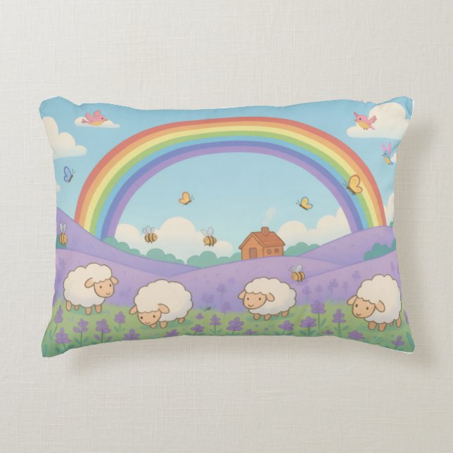 Fluffige Schaf-Lavendelfeld-Regenbogen-Kunst Dekokissen (Vorderseite)