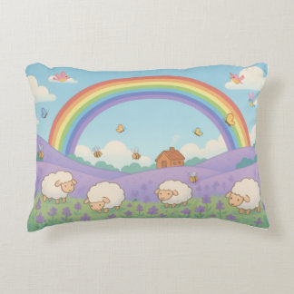 Fluffige Schafe Lavendel Feld Regenbogen Kunst Dekokissen