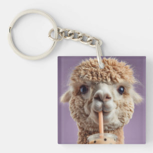 Fluffiges Alpaka-Porträt beim Trinken von Boba-Bub Schlüsselanhänger