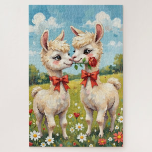 Fluffiges Alpakapaar mit roten Schleifen Kunst