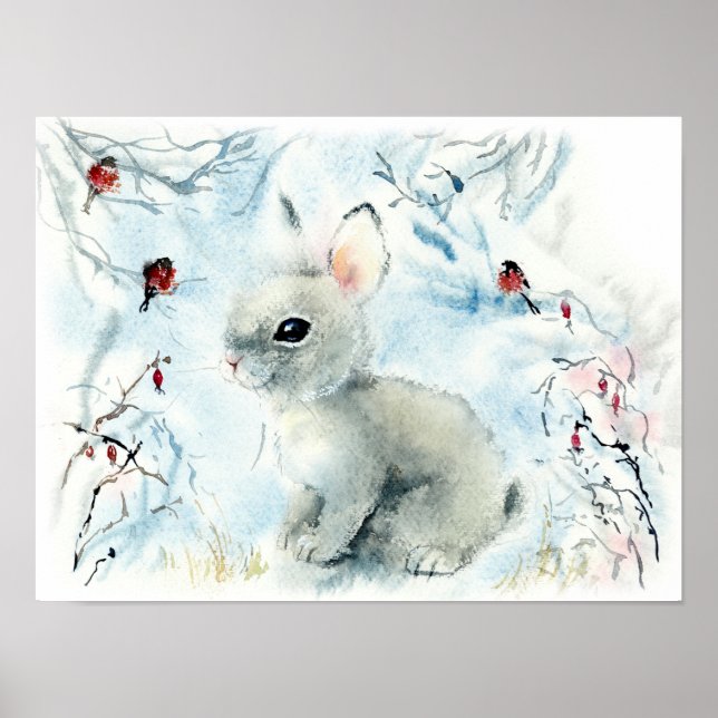 Fluffiges Kaninchen im Schnee  Poster (Vorne)