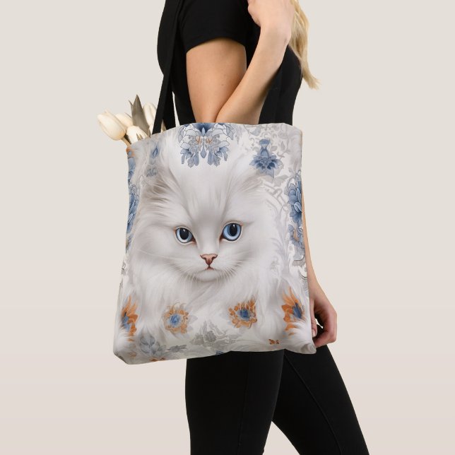 FLUFFWEISSE KATZE MIT BLAU- UND ORANGE-BLUME TASCHE (Von Nahem)