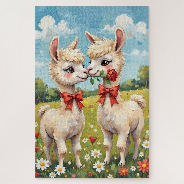 Fluffy Alpaca Couple With Red Bows Art (Vertikal)