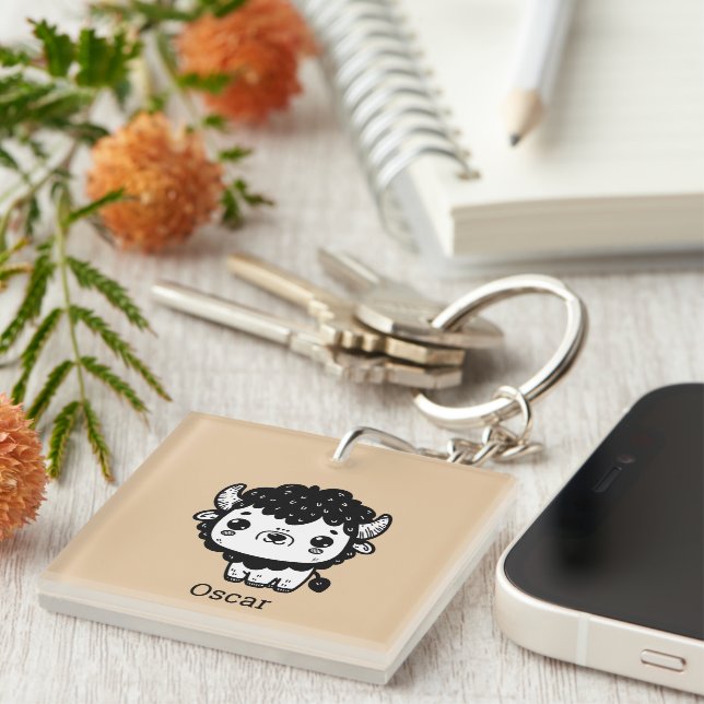 Fluffy Bison Baby - Kawaii Farm Animal Art Schlüsselanhänger (Vorderseite rechts)