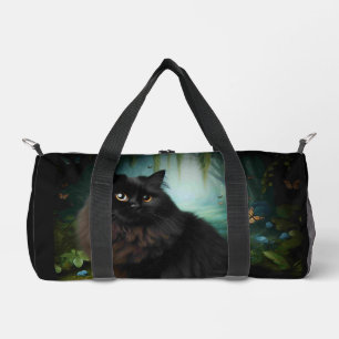 Fluffy Black Cat in Misty Woods Duffle Bag