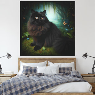 Fluffy Black Cat in Misty Woods Leinwanddruck