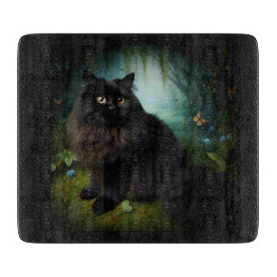 Fluffy Black Cat in Misty Woods Schneidebrett