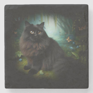 Fluffy Black Cat in Misty Woods Steinuntersetzer