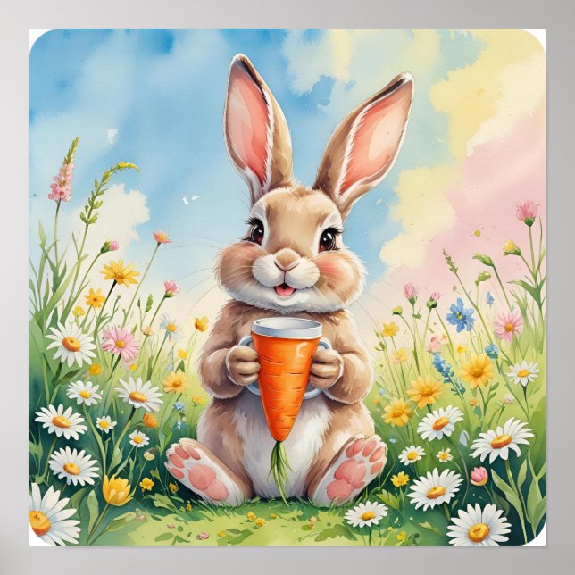Fluffy & Caffeinated - Spring Bunny Coffee Scene Poster (Vorne)