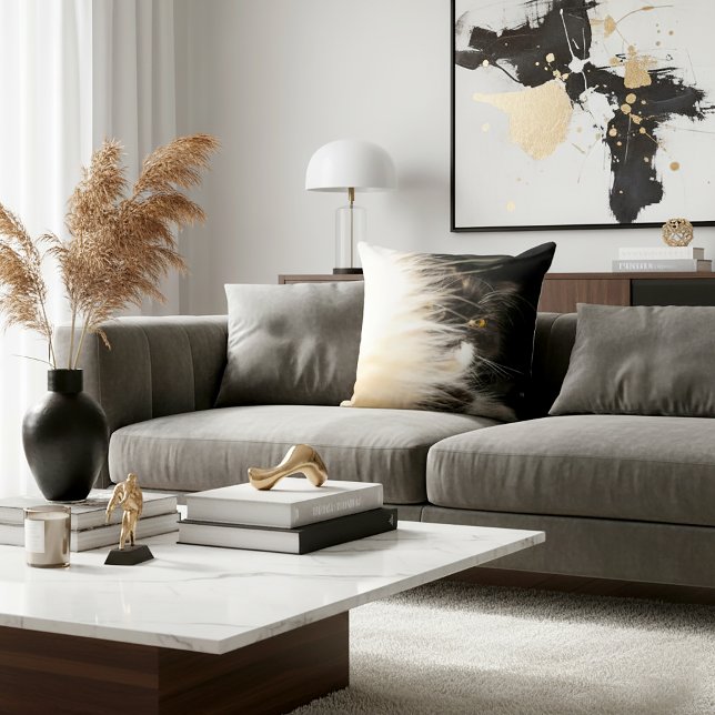 Fluffy Calico Cat Kissen (Fluffy Cat Peek Portrait Golden Eye Throw Pillow)