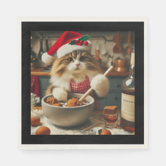 Fluffy cat baking boozy christmas pudding serviette
