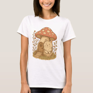 Fluffy Cat in Mushroom-Hütte T-Shirt