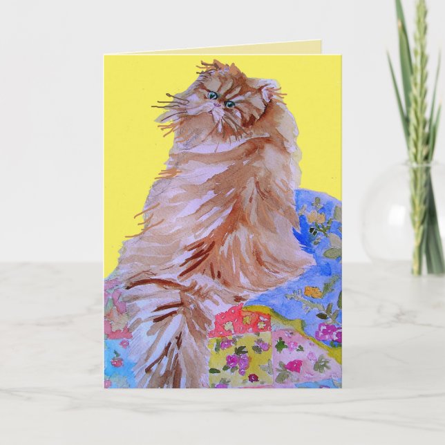 Fluffy Cat & Quilt Glamour Puss Handgemalte Karte (Vorderseite)