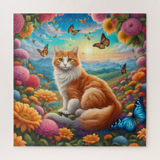 Fluffy Cat Sitting in einem Bereich von Blume