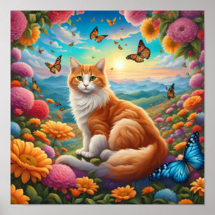 Fluffy Cat Sitting in einem Bereich von Blume Poster
