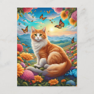 Fluffy Cat Sitting in einem Bereich von Blume Postkarte