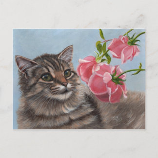 Fluffy Cat und 3 rosa Rosen Postkarte