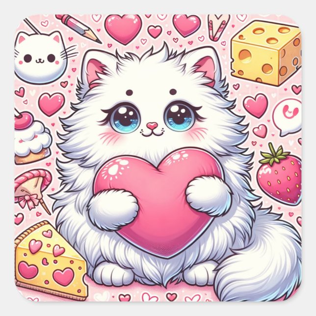 Fluffy Cat's Valentine Heart Embrace Quadratischer Aufkleber (Vorderseite)