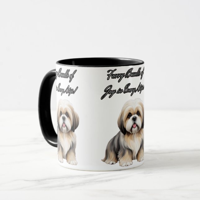 Fluffy Charm: Hellbraun, Grau und Weiß Tasse (Vorderseite Links)