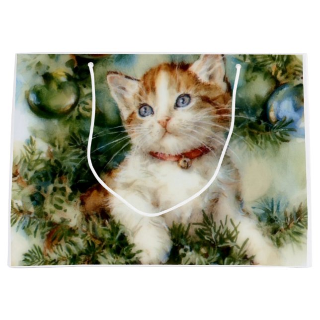 Fluffy christmas cat Watercolor Große Geschenktüte (Vorderseite)
