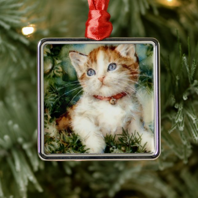 Fluffy christmas cat Watercolor Ornament Aus Metall (Baum)