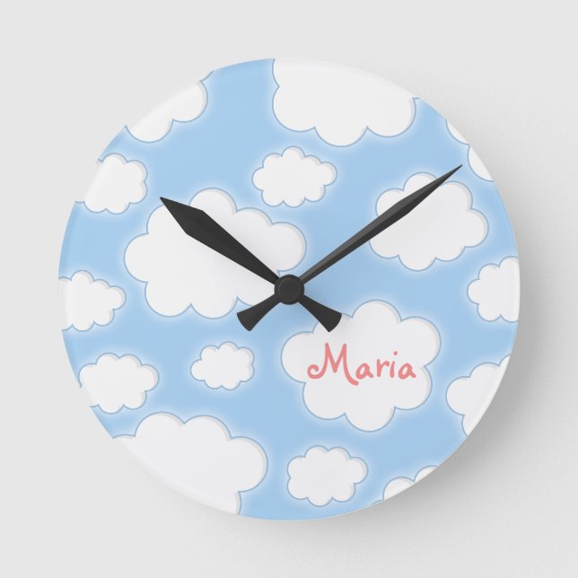 Fluffy Clouds Custom Name Personalized Runde Wanduhr (Vorderseite)