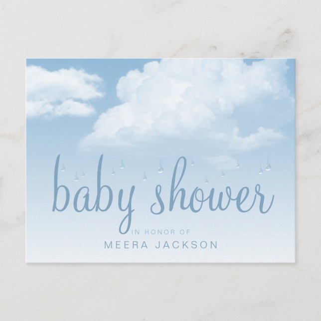Fluffy Clouds Raindrops Baby Shower Einladungspostkarte (Vorderseite)