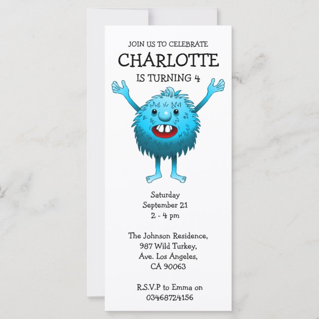 Fluffy Cute Monster Invitation Anniversaire (Devant)
