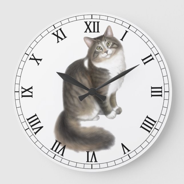 Fluffy Duffy Cat Wall Clock Große Wanduhr (Vorderseite)