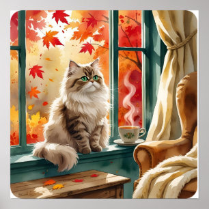 Fluffy Fall Feline - Gemütliche Fensteransicht Was Poster