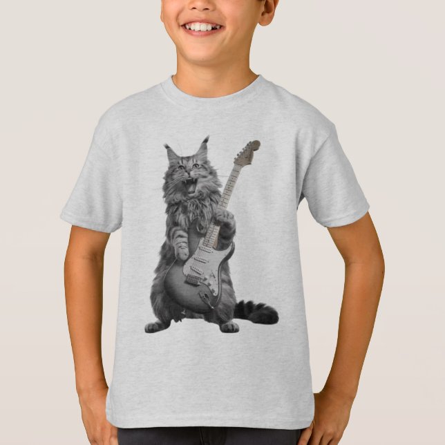Fluffy Feline Rocker Wird Long-Haired Cat Gitarist T-Shirt (Vorderseite)