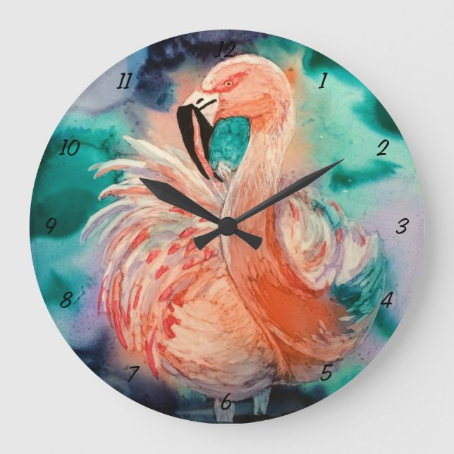 Fluffy Flamingo Große Wanduhr (Vorderseite)
