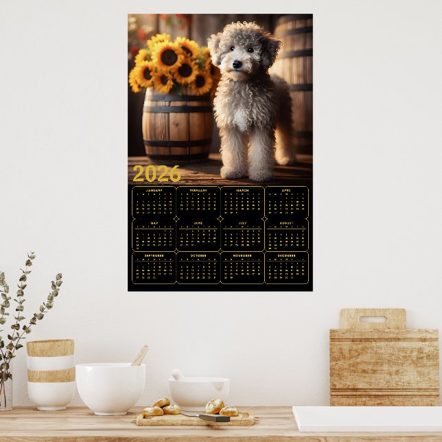 Fluffy Goldendoodle with Sunflowers – 2026 Rustic  Poster (Küche)