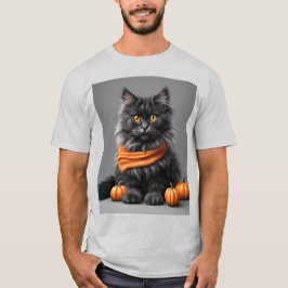 Fluffy Gray Halloween Cat Ash T - Shirt