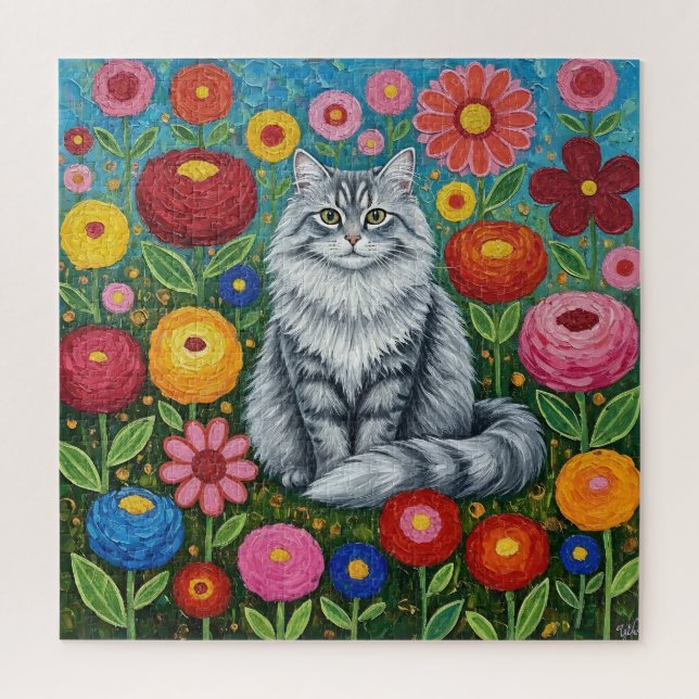 Fluffy Gray Striped Cat with Folk Art Flowers (Vertikal)