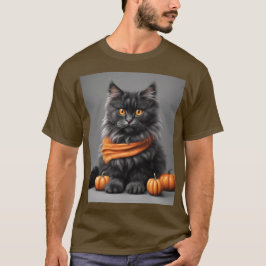Fluffy Grey Halloween Cat Brown T - Shirt