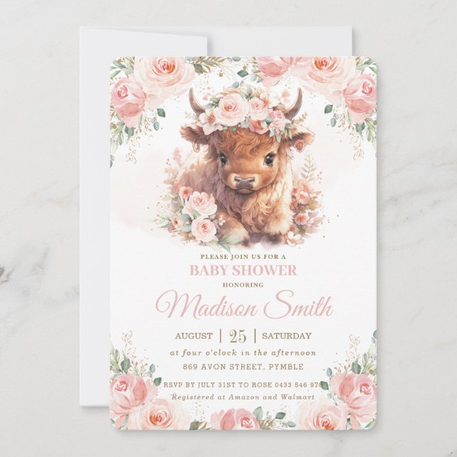 Fluffy Highland Cow Pink Blush Floral Baby Dusche Einladung (Vorderseite)