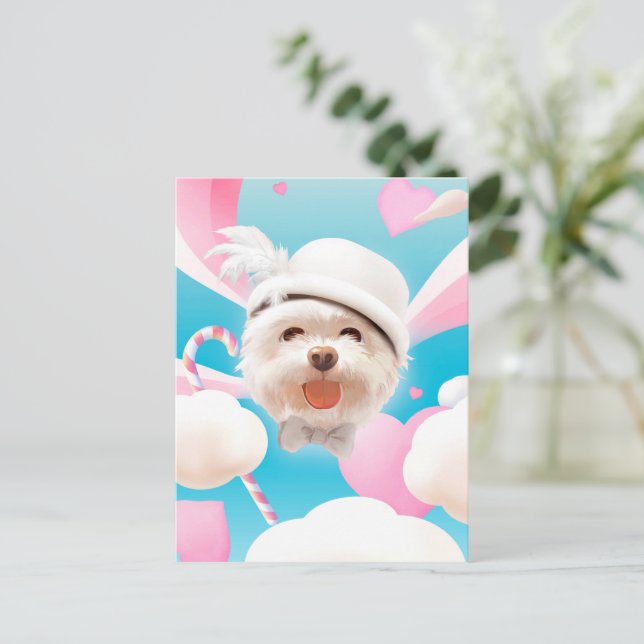Fluffy Hund mit Weißhut Ankündigungspostkarte (Stehend Vorderseite)
