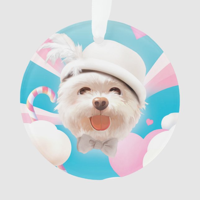 Fluffy Hund mit Weißhut Ornament (Vorderseite)
