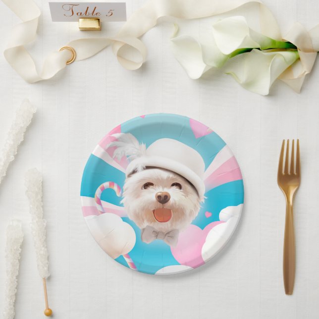Fluffy Hund mit Weißhut Pappteller (Hochzeit)