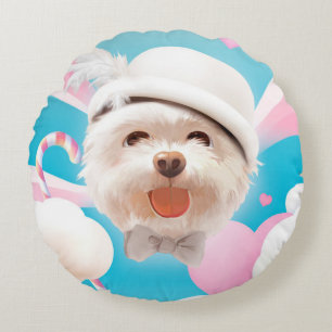 Fluffy Hund mit Weißhut Rundes Kissen
