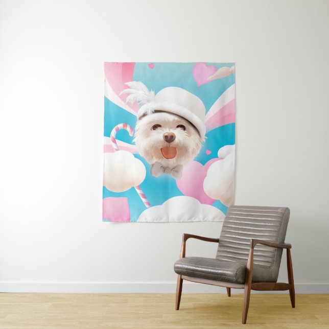 Fluffy Hund mit Weißhut Wandteppich (Beispiel)