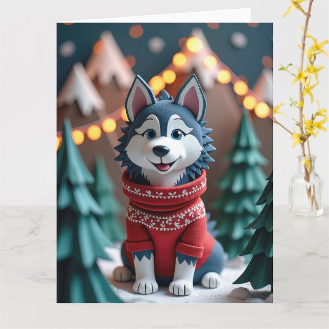 Fluffy Husky in Snowy Christmas Mountain Scene Karte (Gelbe Blume)