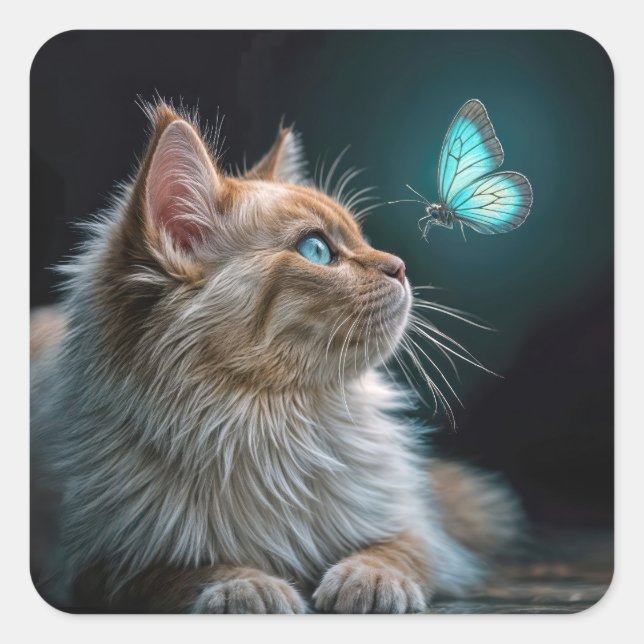 Fluffy Katze mit glühender Neon Butterfly Quadratischer Aufkleber (Vorderseite)