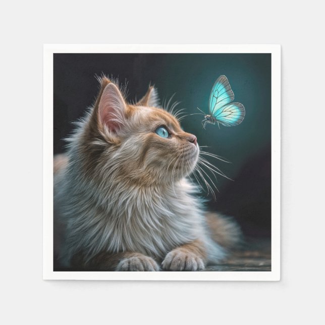 Fluffy Katze mit glühender Neon Butterfly Serviette (Vorderseite)